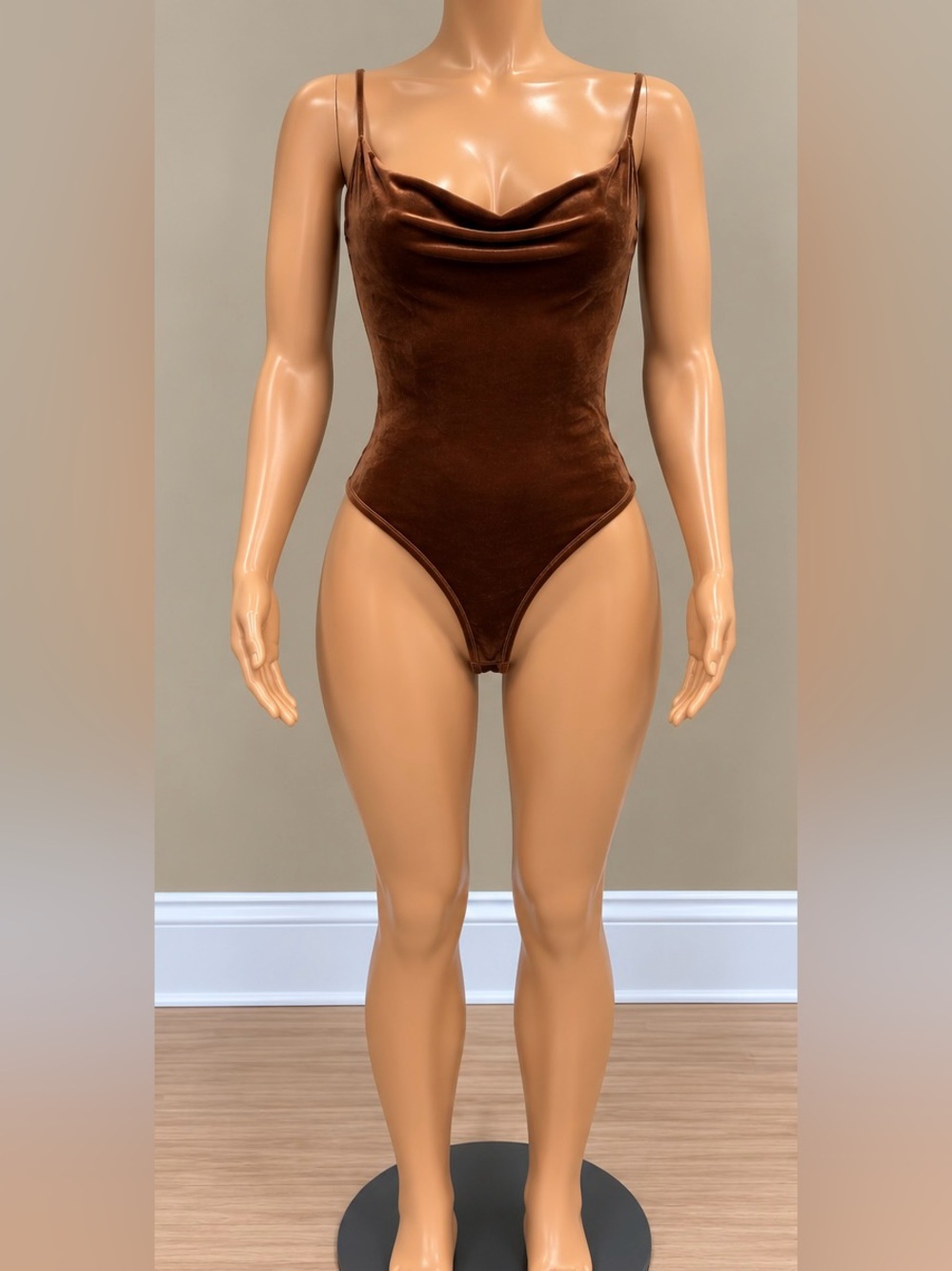 Fashion Nova Rust Brown Velvet Cowl Neck Open Back Bodysuit Spaghetti Strap